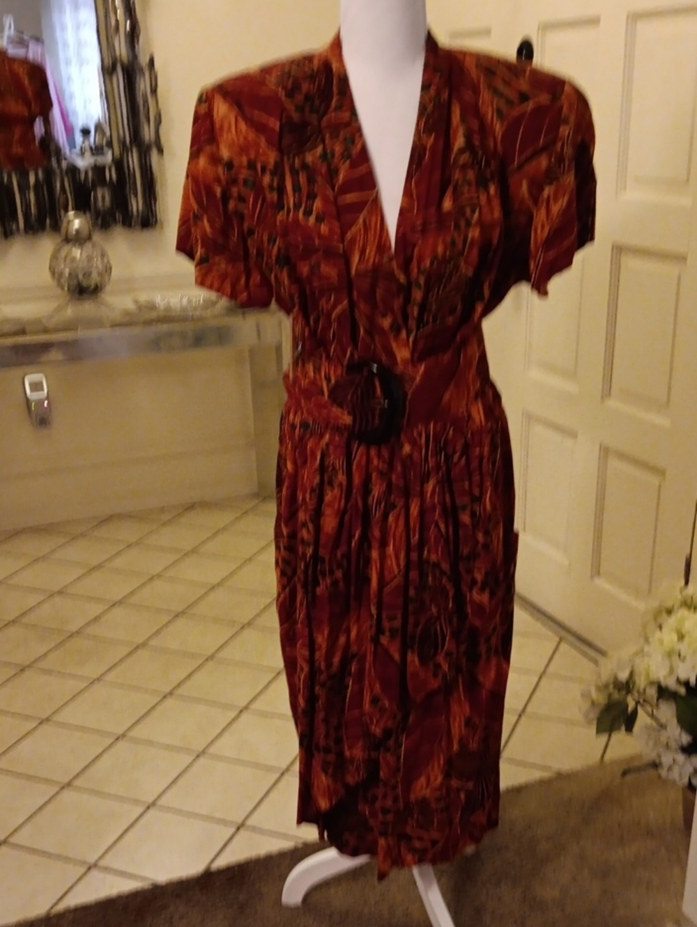Rust Floral Midi Dress with  pockets Defined Waist and Short Sleeves